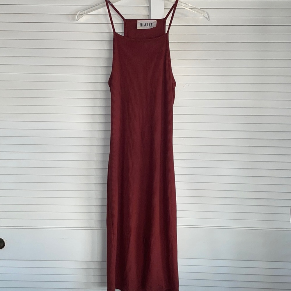 Rust colored dress with exposed back and side split, size large